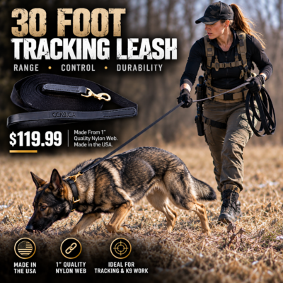 30 foot trading leash dog and handler in the field